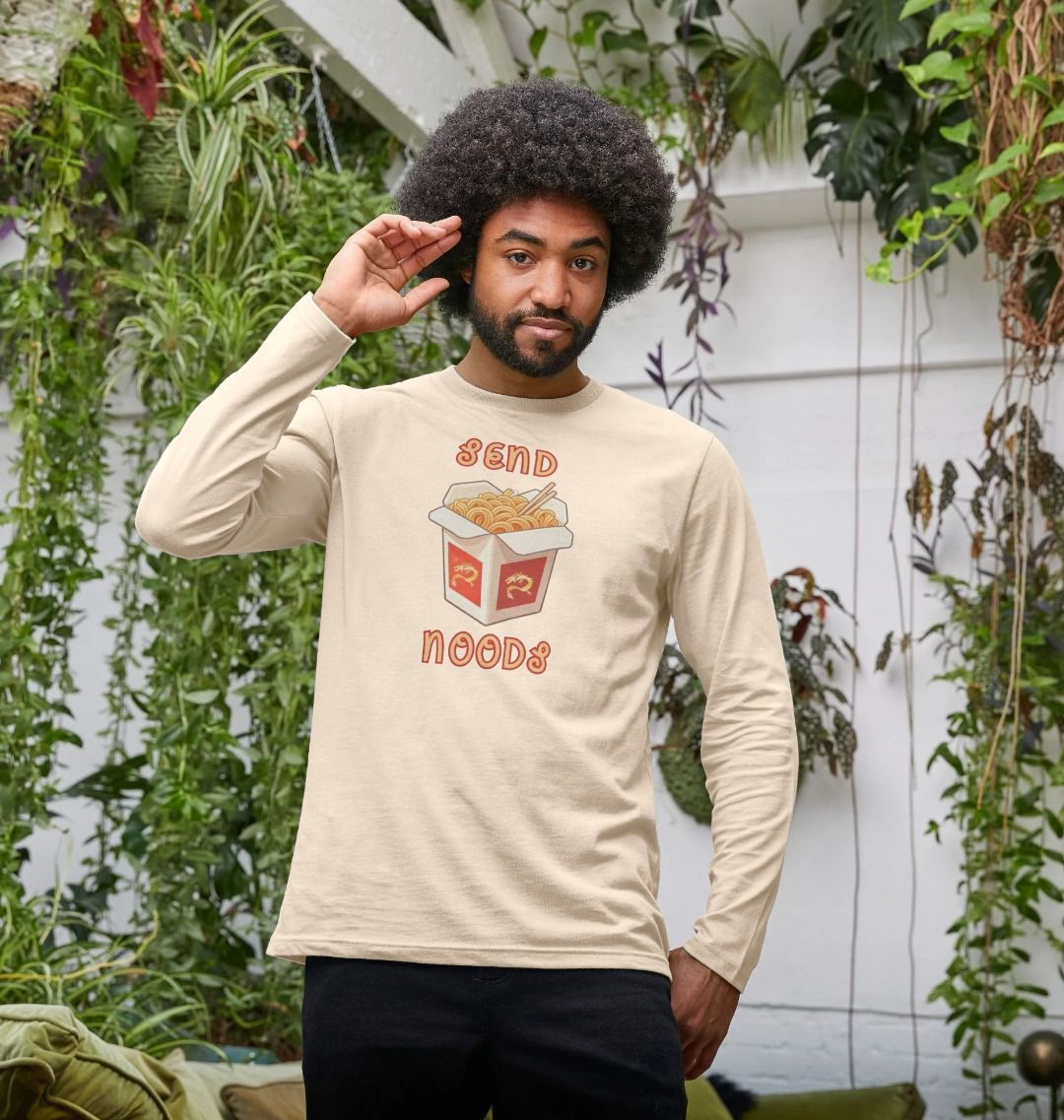 Noodle Around in Style in this 'Send Noods' Organic Cotton Long Sleeved T-Shirt for Men: A Playful Pun