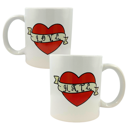 White 11 oz Ceramic Two-Faced Mug with Fun 'Love / Hate' Heart Tattoo Style Print