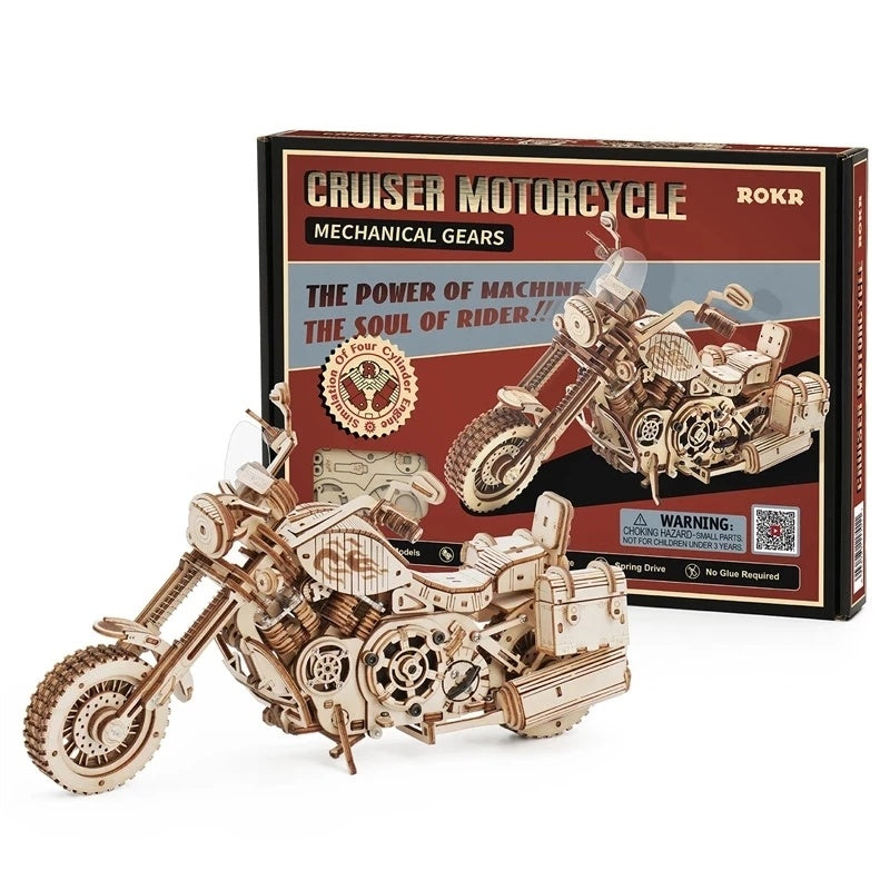 Robotime Rokr Cruiser Motorcycle Wooden Model with Wind Up Motor and Working Gears. 420 Piece 3D Puzzle