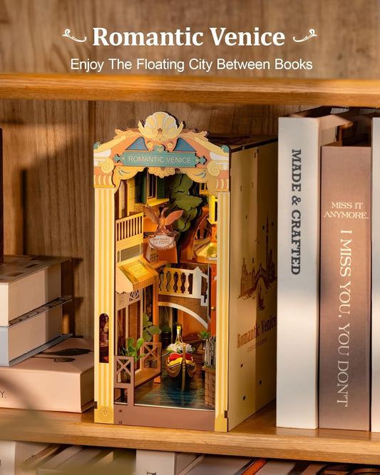 ROBOTIME Venice Book Nook: A Romantic Miniature. With Dust Cover, Booknook DIY Miniature Model Kit 3D Wooden Puzzle Bookend Bookshelf Decoration Gift TGB08