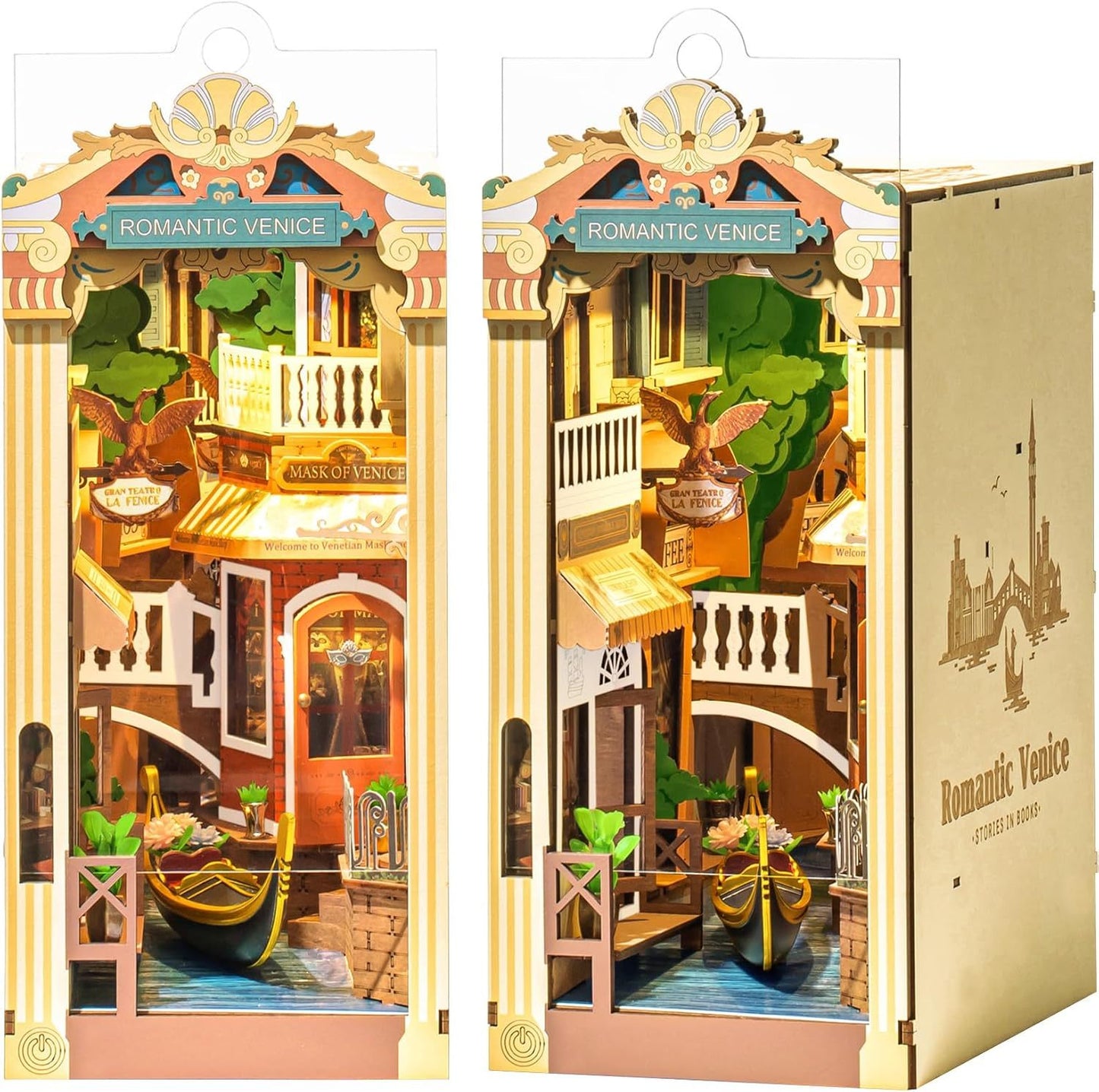 ROBOTIME Venice Book Nook: A Romantic Miniature. With Dust Cover, Booknook DIY Miniature Model Kit 3D Wooden Puzzle Bookend Bookshelf Decoration Gift TGB08