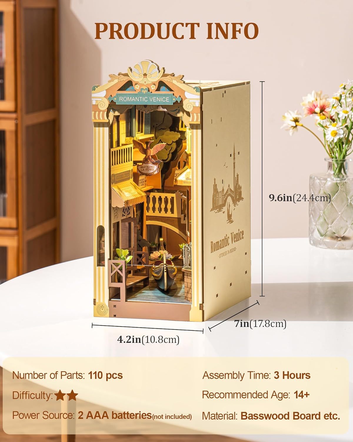 ROBOTIME Venice Book Nook: A Romantic Miniature. With Dust Cover, Booknook DIY Miniature Model Kit 3D Wooden Puzzle Bookend Bookshelf Decoration Gift TGB08