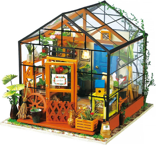 ROBOTIME DIY Miniature Greenhouse Model Kit - Cathy's Flower House: A DIY Miniature Dream. Wooden Dollhouse Model DG104