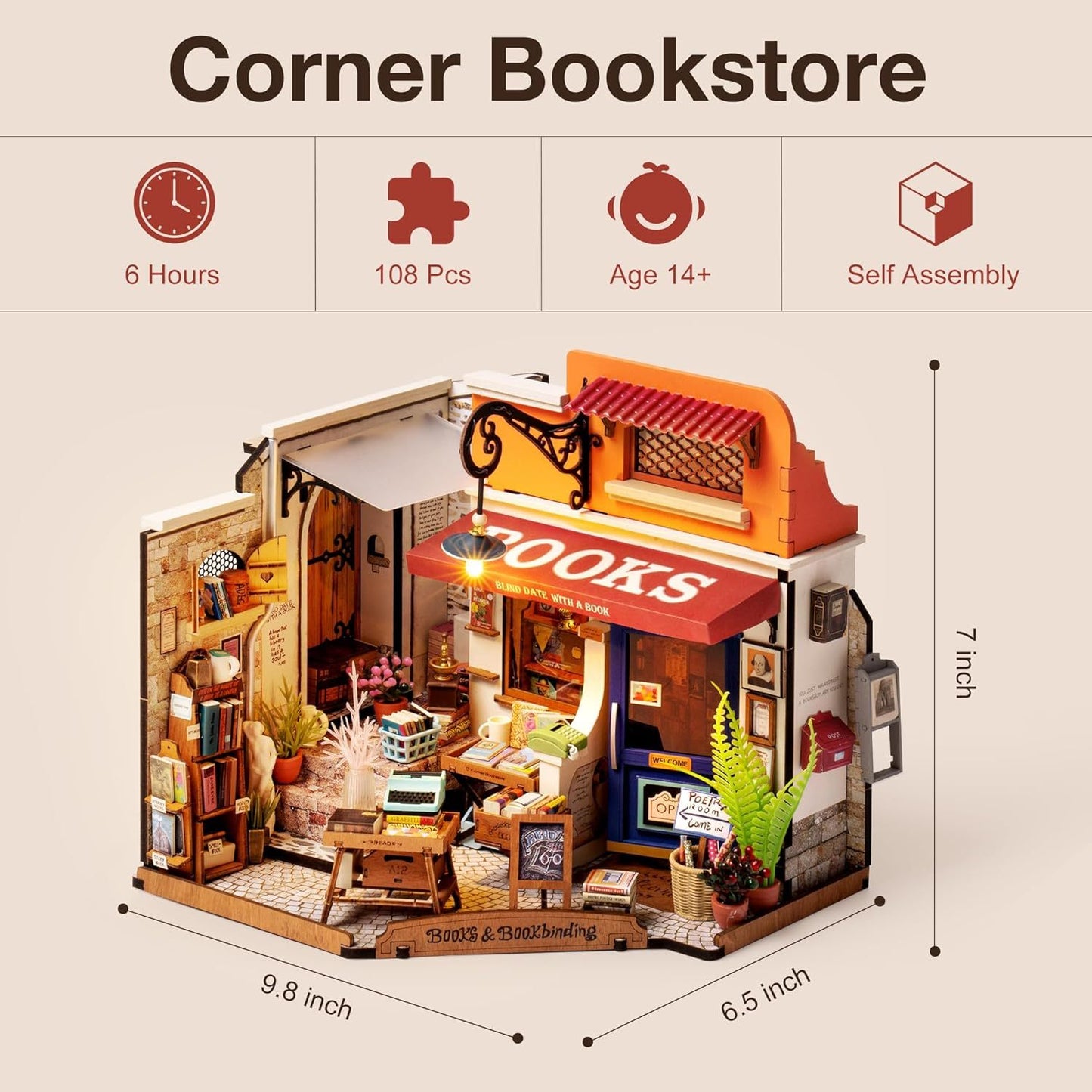 ROBOTIME DIY Miniature House Kit Corner Bookstore, Wooden Dollhouse Model Building Kit With LED For Adults And Children (DG164)