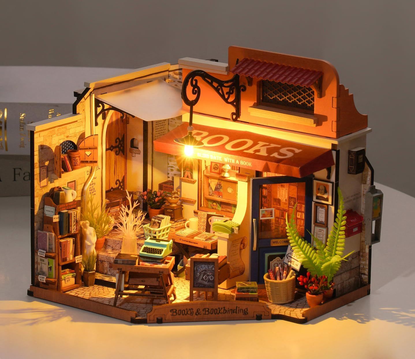 ROBOTIME DIY Miniature House Kit Corner Bookstore, Wooden Dollhouse Model Building Kit With LED For Adults And Children (DG164)