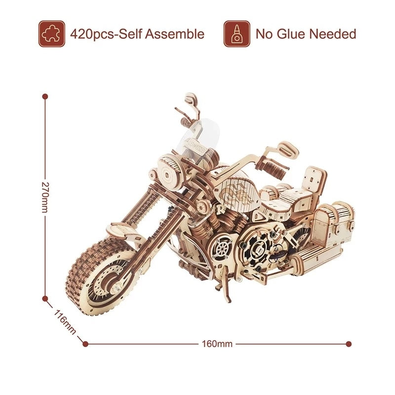 Robotime Rokr Cruiser Motorcycle Wooden Model with Wind Up Motor and Working Gears. 420 Piece 3D Puzzle