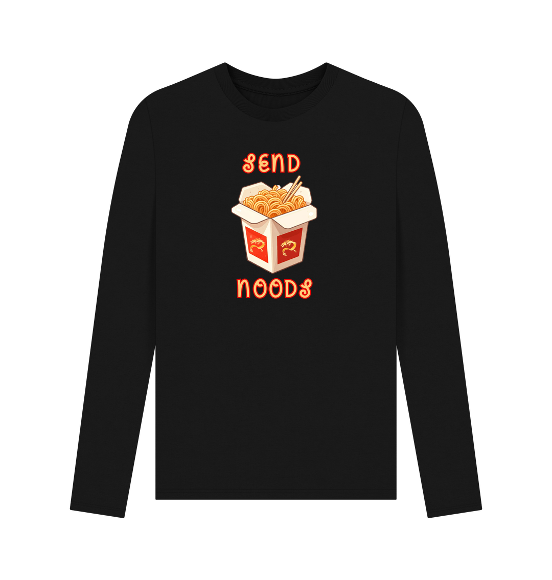 Black Noodle Around in Style in this 'Send Noods' Organic Cotton Long Sleeved T-Shirt for Men: A Playful Pun