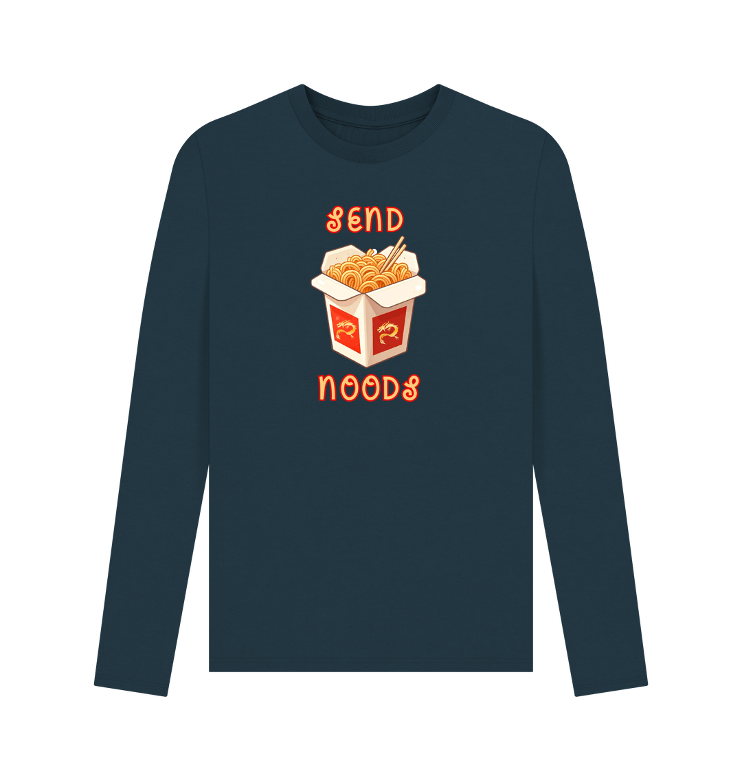 Denim Blue Noodle Around in Style in this 'Send Noods' Organic Cotton Long Sleeved T-Shirt for Men: A Playful Pun