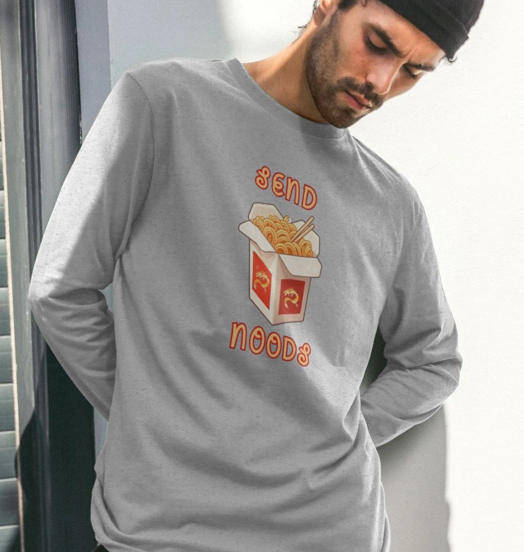 Noodle Around in Style in this 'Send Noods' Organic Cotton Long Sleeved T-Shirt for Men: A Playful Pun