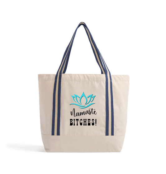 Natural/French Navy Namaste B!tches: A Zen-Inspired Organic Cotton Yoga Tote Bag