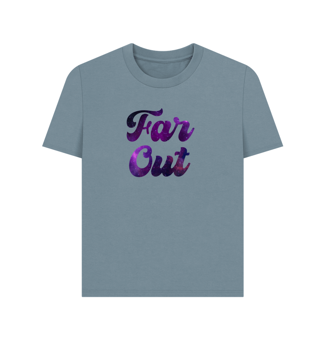 Stone Blue Far Out Galaxy T-Shirt: A Cosmically Cool Retro Organic Tee For Women