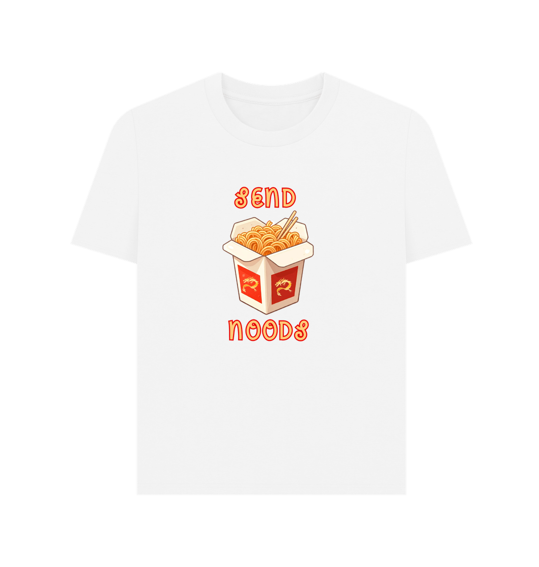 White Noodle Around in Style in this 'Send Noods' Organic Cotton T-Shirt for Women: A Playful Pun