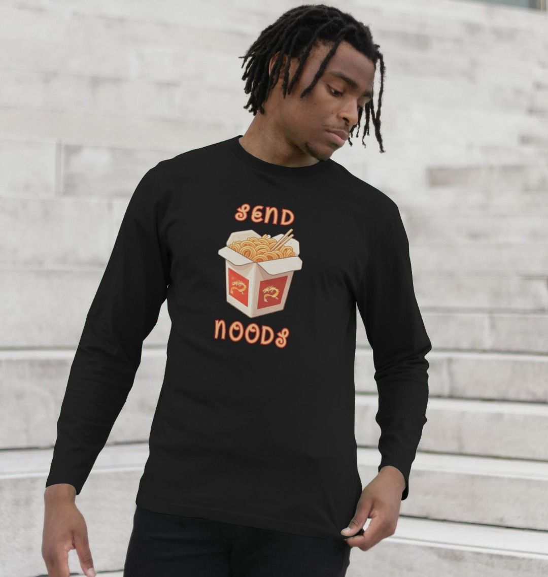 Noodle Around in Style in this 'Send Noods' Organic Cotton Long Sleeved T-Shirt for Men: A Playful Pun