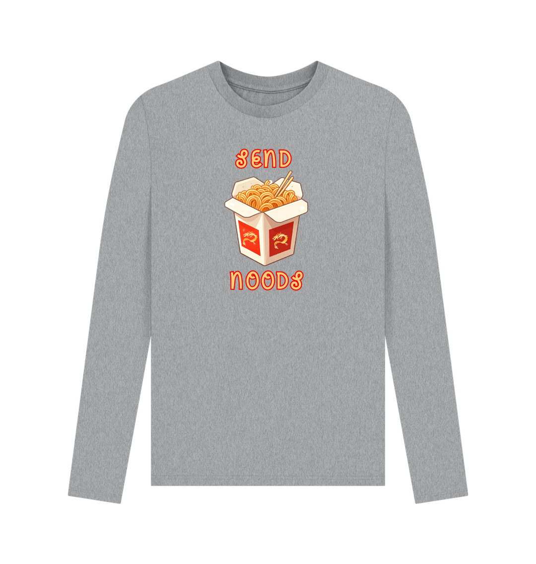 Athletic Grey Noodle Around in Style in this 'Send Noods' Organic Cotton Long Sleeved T-Shirt for Men: A Playful Pun