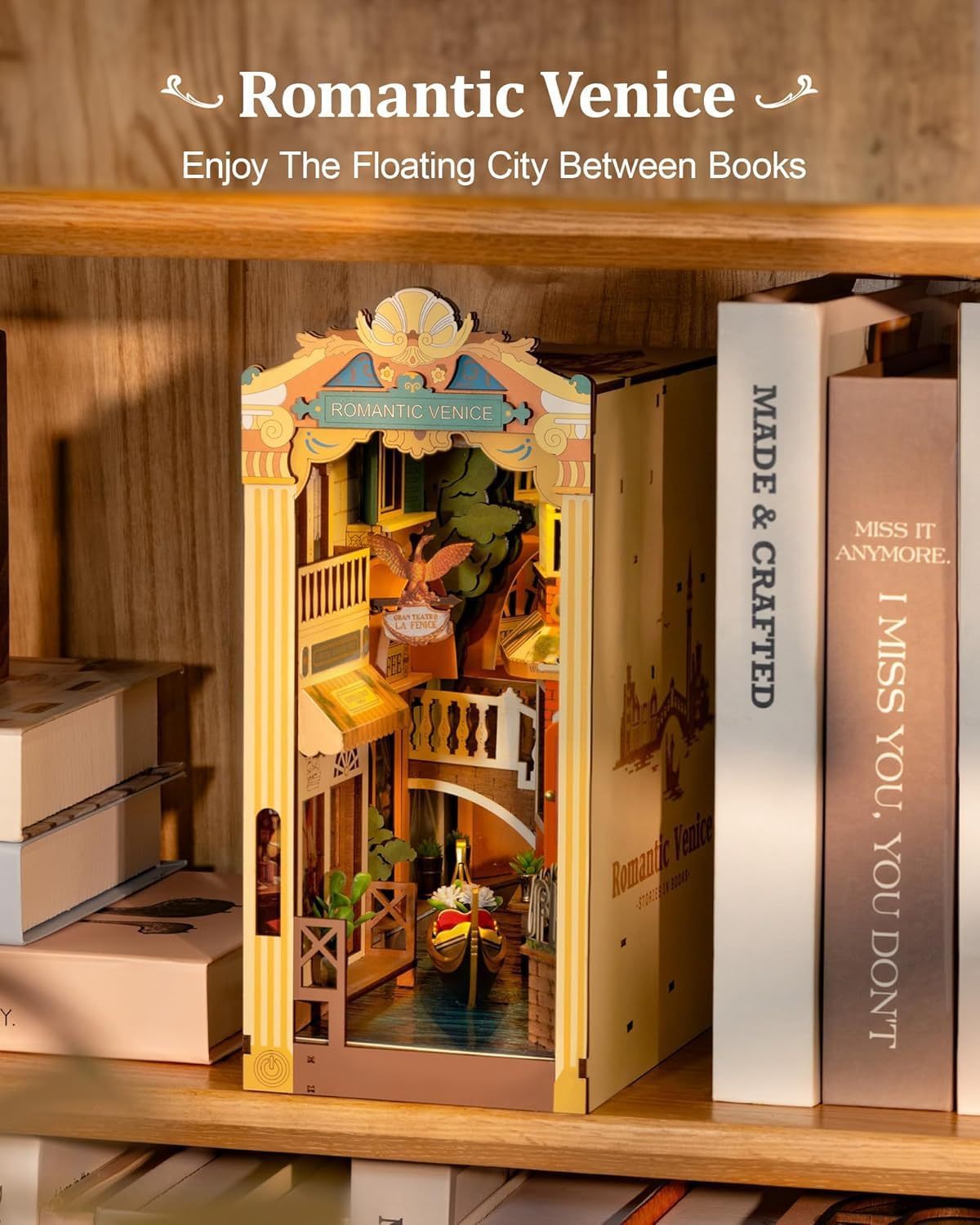 ROBOTIME Venice Book Nook: A Romantic Miniature. With Dust Cover, Booknook DIY Miniature Model Kit 3D Wooden Puzzle Bookend Bookshelf Decoration Gift TGB08