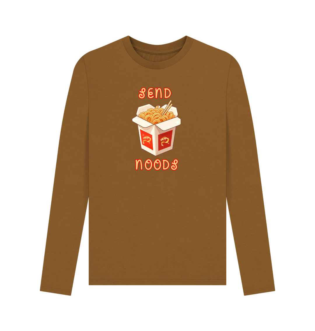 Brown Noodle Around in Style in this 'Send Noods' Organic Cotton Long Sleeved T-Shirt for Men: A Playful Pun