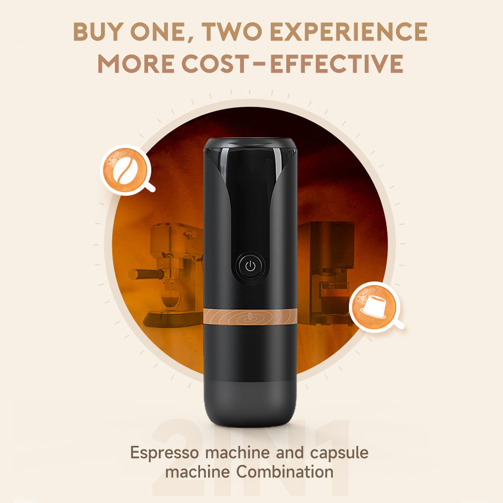 Portable Espresso Machine 9 Bar Pressure Rechargeable 2 in 1 Small Travel Coffee Maker Compatible with Nespresso Capsules Ground Coffee Perfect for Travel Camping Hiking Office Kitchen Black