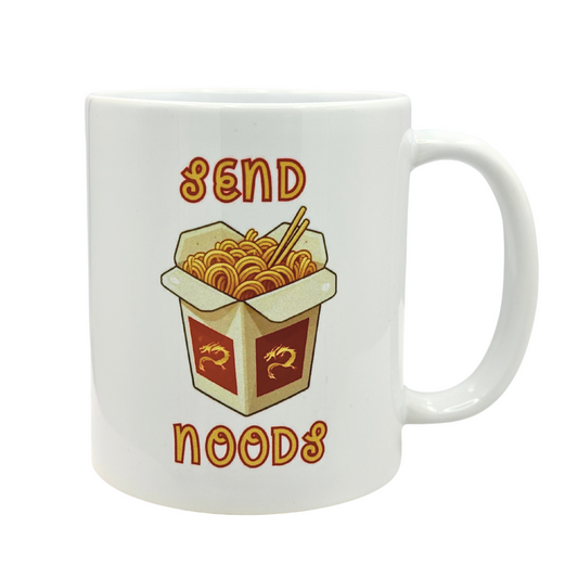 White 11 oz Ceramic Mug with Funny Punny 'Send Noods' Design