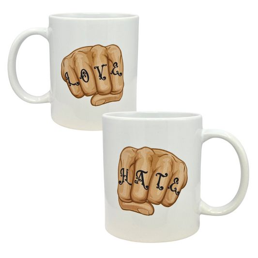 White 11 oz Ceramic Two-Faced Mug with Fun 'Love / Hate' Tattooed Hands Print