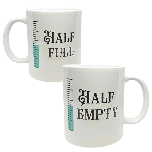 White 11 oz Ceramic Two-Faced Mug with Fun 'Half Full/ Half Empty' Print