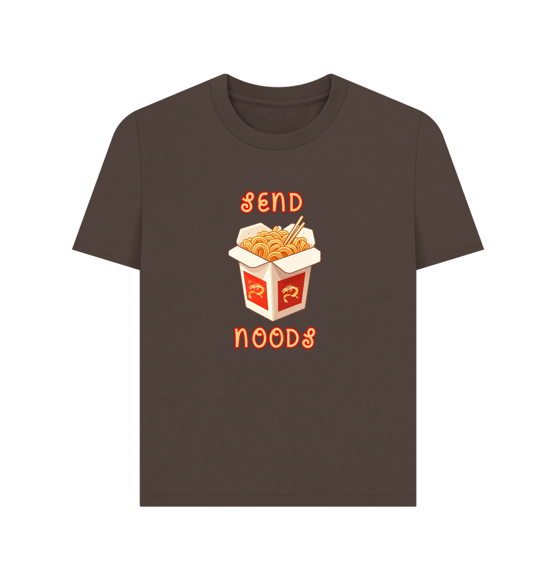 Chocolate Noodle Around in Style in this 'Send Noods' Organic Cotton T-Shirt for Women: A Playful Pun