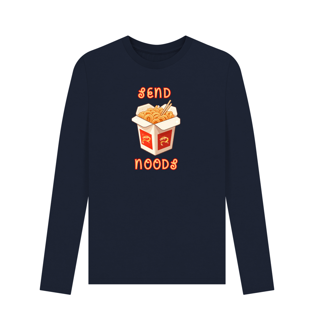 Navy Blue Noodle Around in Style in this 'Send Noods' Organic Cotton Long Sleeved T-Shirt for Men: A Playful Pun