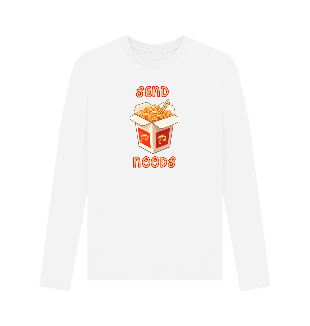 White Noodle Around in Style in this 'Send Noods' Organic Cotton Long Sleeved T-Shirt for Men: A Playful Pun