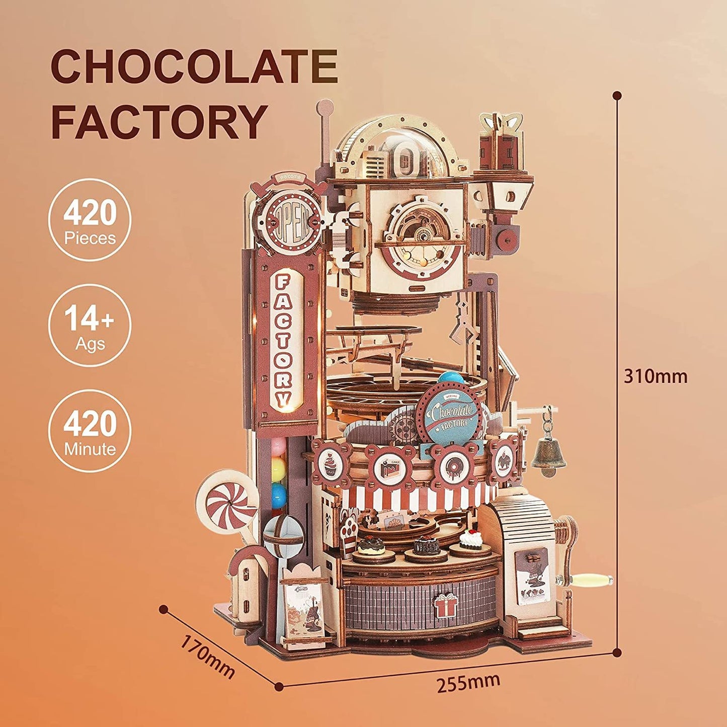 ROKR Marble Run Chocolate Factory 3D Wooden Puzzle for Kids or Adults