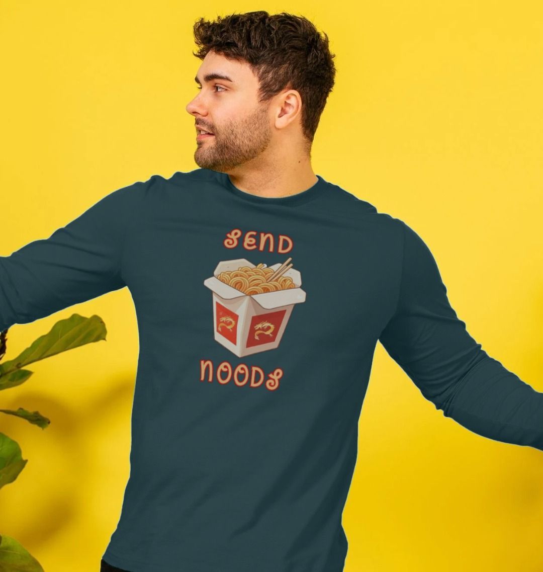 Noodle Around in Style in this 'Send Noods' Organic Cotton Long Sleeved T-Shirt for Men: A Playful Pun