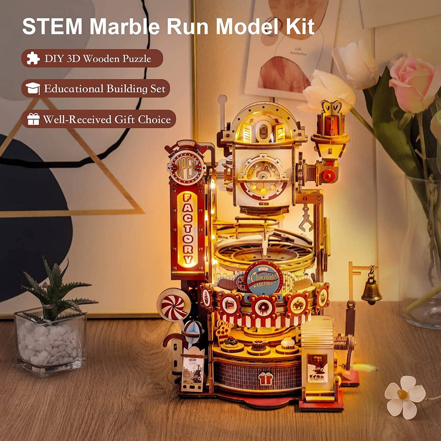 ROKR Marble Run Chocolate Factory 3D Wooden Puzzle for Kids or Adults