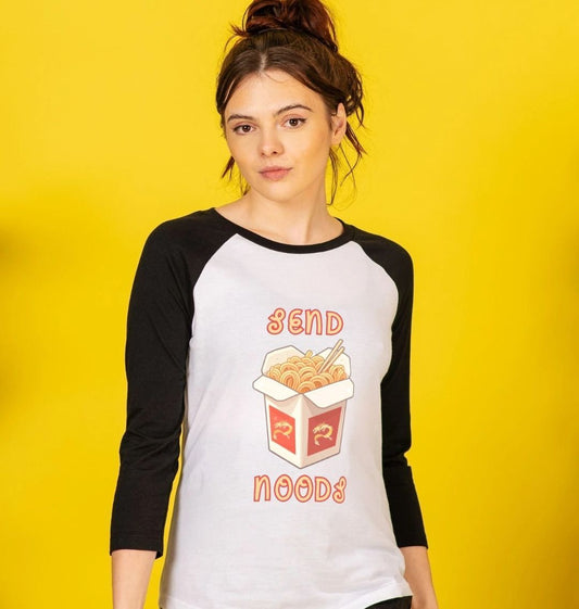 Noodle Around in Style in this 'Send Noods' Organic Cotton Women's Baseball T-shirt: A Playful Pun