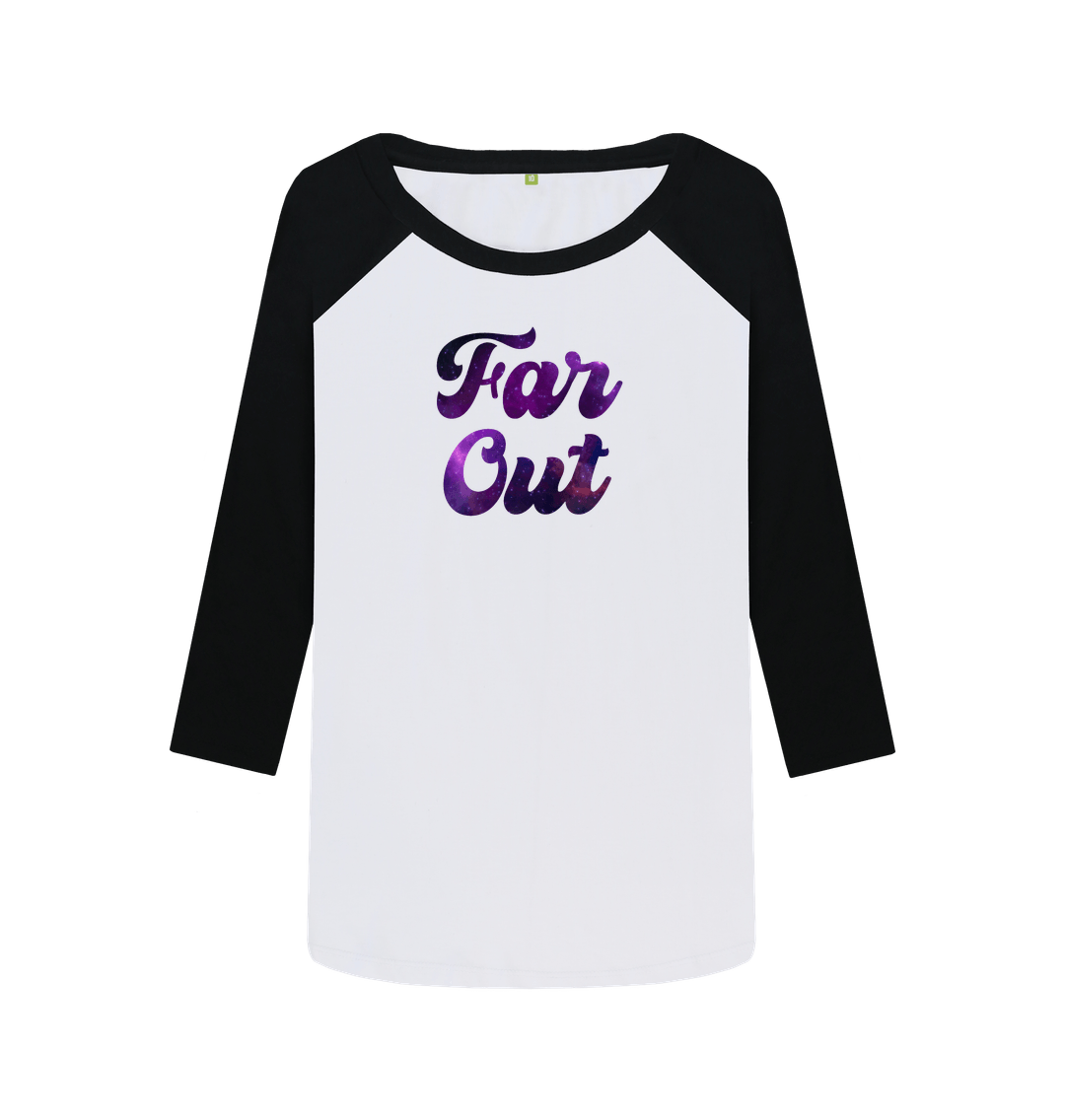 Black-White Far Out Galaxy T-Shirt: A Cosmically Cool Retro Baseball Tee For Women