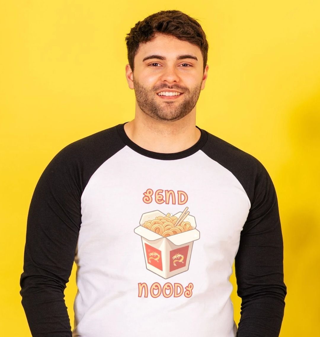 Noodle Around in Style in this 'Send Noods' Organic Cotton Men's Baseball T-shirt: A Playful Pun