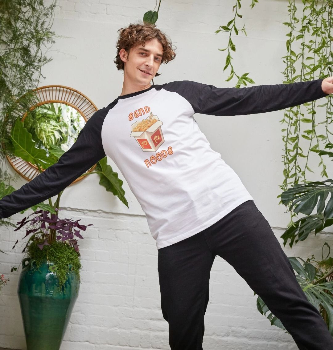 Noodle Around in Style in this 'Send Noods' Organic Cotton Men's Baseball T-shirt: A Playful Pun